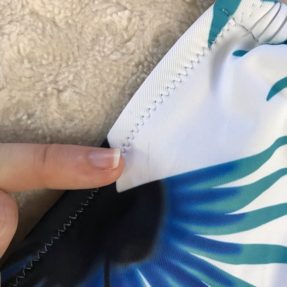 High Neck Halter Bikini Top Palm Print White Blue - Picture 3 of 6